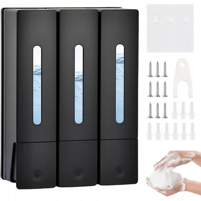 Produktbild von Seifenspender Wandbefestigung ohne Bohren, Duschgelspender Schwarz Wandmontage, 3*400 ml Shampoospender Gleichmäßige Flüssigkeitsabgabe für Badezimmer