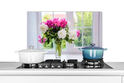 Obrázok produktu pre MuchoWow® Splashback Kuchyňa - Kuchynský backsplash - Ochrana steny pre sporák a drez Kvety - Pivonky - Váza 70x50cm Alu-Dibond (alternatíva k