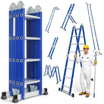 Zdjęcie produktu dla Wielofunkcyjna drabina aluminiowa 6-w-1, 464 cm, składana, z zabezpieczeniami, antypoślizgowa, wytrzymałość do 150 kg