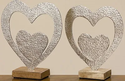 Produktbild von Herz Dekoherz Alu Mangoholz Tischdeko Hochzeit H 20 + 22 cm  2er Set
