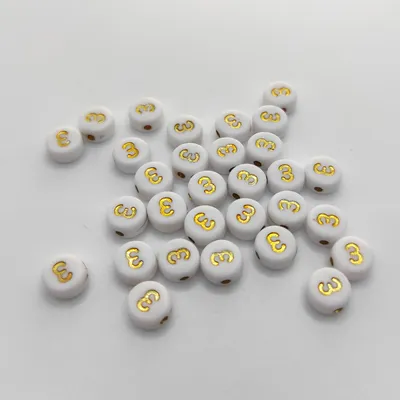 Produktbild von Buchstaben Perlen, 30 Stück, 4x7 mm, gold mit weiß, rund, Zahl 3