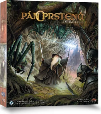 The image shows the front and side of a board game box, depicting a fantasy scene with Gandalf fighting spiders and orcs.