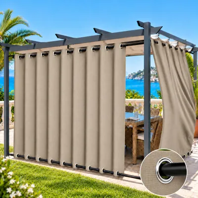 Produktbild von Outdoor Vorhang 254x214 cm Taupe Ösen Thermovorhang Wetterfest 260GSM Leinen Optik Blickdicht Wasserdicht Sichtschutz Balkon Terrasse Garten