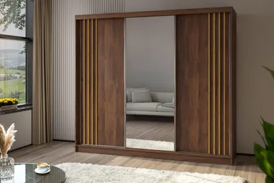 Produktbild von Masseno Schiebetürenschrank NELVIA 240/216/61 cm Modern Kleiderschrank 3-türig mit Spiegel Nussbaumfarben