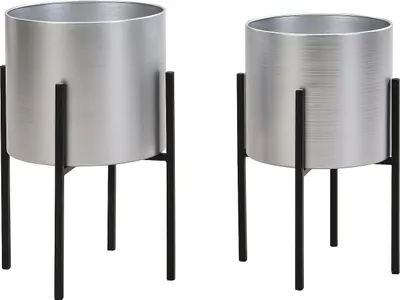 Produktbild von Set aus 2 Metallblumenbeeten auf Beinen - Ø 25 x H 39 und Ø 23 x H 35,5 - Silber und schwarz - EDMEE