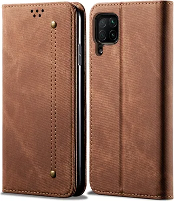 A brown leather flip case for a Huawei P40 Lite phone is shown from the front and back.