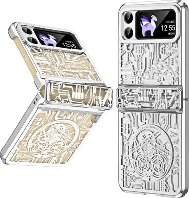 A silver flip phone case with a circuit board design and a small screen displaying a dragon and time.