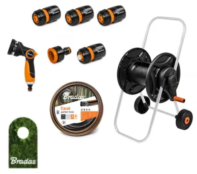 Zdjęcie produktu dla Zestaw wózka na wąż 20 m: wąż 1/2", 8-funkcyjny pistolet, odporny na promieniowanie UV i wytrzymały.