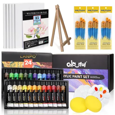 Acrylfarbe-Set 24 Farben, 30 Pinsel, 5 Leinwände, Staffelei
