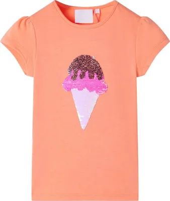 Produktbild von Kinder T-Shirt Gr. 116 Neonorange mit Eiscreme aus Pailletten