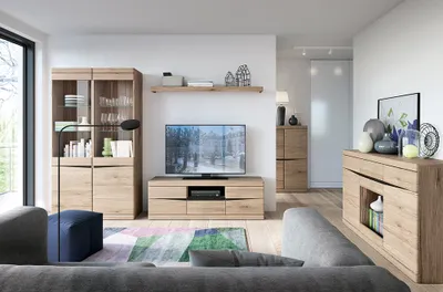 Produktbild von Wohnzimmer Set mit Beleuchtung SANFORD-129 in Eiche hell Nb.