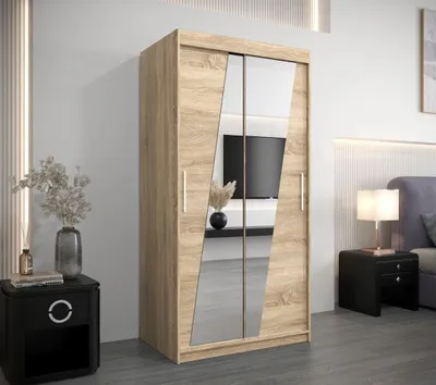 Produktbild von Kleiderschrank mit Spiegeln ERIKA – Breite 100 cm, Eiche sonoma