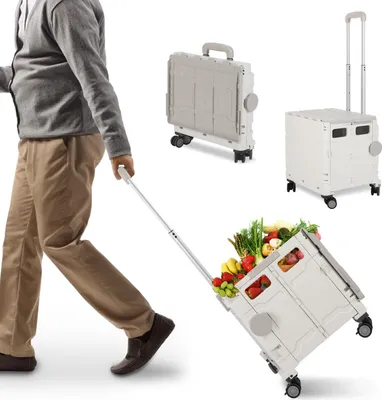 Zdjęcie produktu dla Wózek na zakupy Bettizia Składany do 55 kg z teleskopową rączką i kółkiem obrotowym 360° na zakupy, podróże, kemping Biały