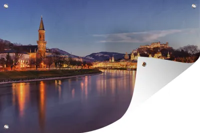 Produktbild von MuchoWow® 120x80 cm Outdoor-Poster Gartendeko Sichtschutz Garten Poster für den Garten  Salzburg bei Sonnenuntergang