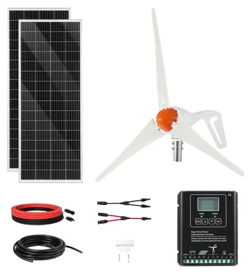 Produktbild von Hybrid-Solarmodul-Set 12V, 400W - 2 x 100W Monokristalline Solarmodule - 200W Windturbine