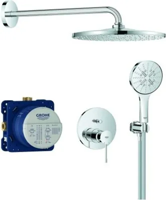 A collection of shower components, including a showerhead, a shower valve, and a shower mixer, arranged on a white background.