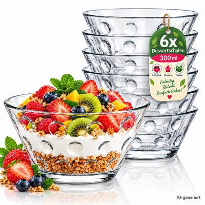 Produktbild von 6x Dessertschalen Glas 300 ml – Stapelbare Glasschalen Set für Dessert, Pudding, Müsli, Obst & Salat – Klare Schüsseln für Küche & Haushalt, KI-generiertes Bild