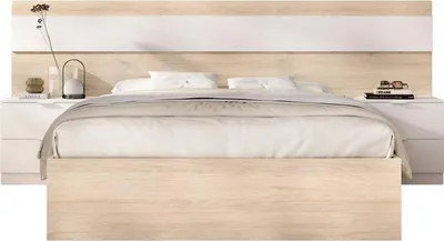 Image de Lit adulte NIZA avec tables de chevet intégrées – 160 x 200 cm – Chêne naturel / Blanc