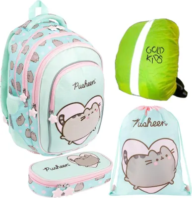 Obrázek produktu pro Goldkids - Brašna pro chlapce a dívky, sada 4 kusů - Školní batoh pro děti s penálem - sáčkem na boty a pláštěnkou - motiv Pusheen