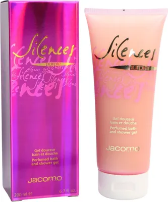 Jacomo Silences Purple Duschgel in rosafarbener Tube mit goldener Schrift, daneben glänzende, pink-lilafarbene Verpackung mit Hologrammeffekt.