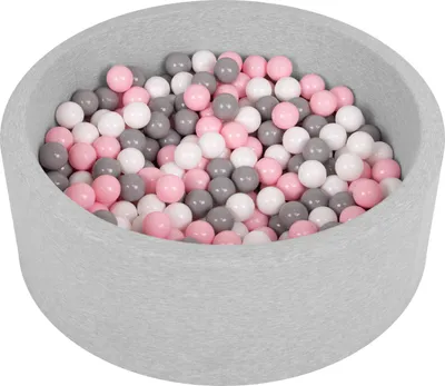 A round ball pit filled with pink, gray, and white balls, set against a white background.