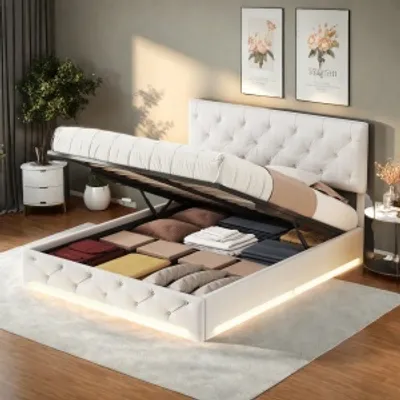 Immagine prodotto di Letto imbottito 160x200cm con rete a doghe, letto a molle idrauliche con contenitore, letto contenitore matrimoniale con LED, lino, beige