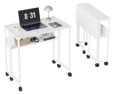 Obrázok produktu pre Sklopný písací stôl na kolieskach – Kompaktný počítačový stôl s rozmermi 63 cm – S odkladacím priestorom – Mobilná pracovná stanica – Kovová konštrukcia – Biela farba