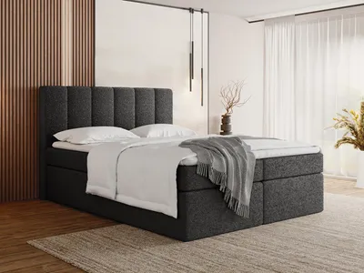 Obrázek produktu pro Boxspring postel 180x200 s úložným prostorem – čalouněná manželská postel s 7zónovou matrací s taštičkovými pružinami, včetně 5 cm komfortní pěnové vrstvy – postel s úložným prostorem a vysokým čelem, bouclé látka – černá