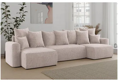Produktbild von MEBLINI Schlafcouch mit Bettkasten - 312x142x73cm - Creme Cordstoff - DAVE - Ecksofa mit Schlaffunktion - Sofa mit Relaxfunktion und Kopfstützen - Couch U-Form - Eckcouch - Wohnlandschaft