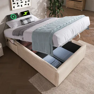 Produktbild von STILVORA Polsterbett 90×200cm Einzelbett, Stauraumbett Bettgestell mit USB-C und Vollflächiger Lattenrost, Ohne Kopfteil, Leinen, Beige (mit Matratze)