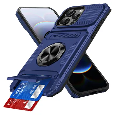 Produktbild von Dual Layer Hülle für iPhone 13 Pro Max /iPhone 12 Pro Max mit Kartenhalter, Magnetische Ring Ständer Militärschutz Stoßfeste Handyhülle Blau
