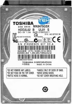 Image de Disque dur Toshiba 640Gb MK6475GSX 8Mb Cache 5400Rpm Sata II 2,5" pouces