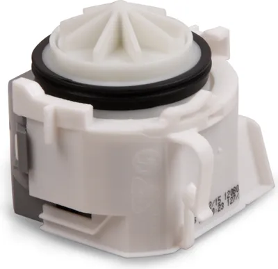 A white and gray washing machine drain pump.