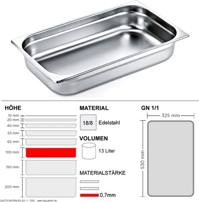 Gastronorm Behälter GN 1/1 - 100mm - GN90 - 18/8 Edelstahl - 0,7mm
