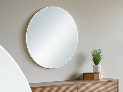 Produktbild von Runder Wandspiegel mit Metallrahmen Weiß Ø 50cm für Ankleidezimmer über Kommode