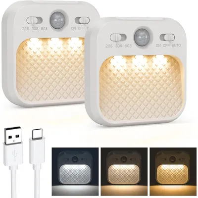 Produktbild von LED Bewegungsmelder Nachtlicht 2er Set, magnetisch wiederaufladbar, Unterbauleuchte mit 3 Lichtfarben, Dimmbar, USB-C, für Schrank, Flur, Treppe