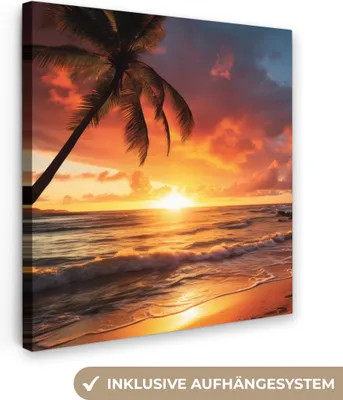 Produktbild von MuchoWow® - Leinwandbilder - Sonnenuntergang - Palmen - Strand - Meer, Wandbild, Wanddeko Bilder Wohnzimmer, 20x20 cm