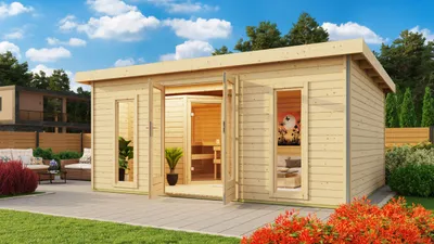 Produktbild von Karibu Holz Gartensauna / Saunahaus "Mainburg 4" naturbelassen 490 x 369 x 229 cm (B x T x H) mit Ofen 9 kW + Steuergerät Easy  mit Klarglastür