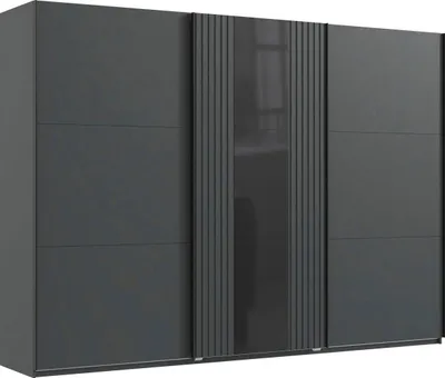 Produktbild von Schwebetürenschrank Atlanta Kleiderschrank 300cm graphit mit Aufbau Akustikpaneel Glasschwarz (18681)