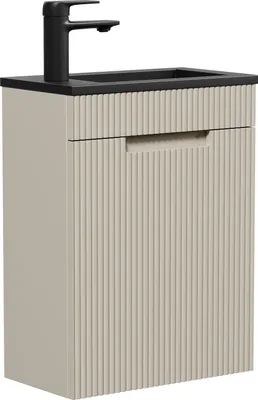 Produktbild von Badplaats Gäste-WC Waschtisch Set Thermis 40 x 22 cm Beige - Badmöbel Set mit Schwarzem Waschbecken und Unterschrank, Vormontiert und mit Soft-Close