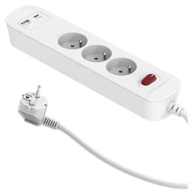 Productafbeelding van PD20 Sneloplaadkabel met verlengkabel, 3-voudige stekkerdoos met schakelaar + 2x USB (A+C), 1,4 meter, wit / 34096
