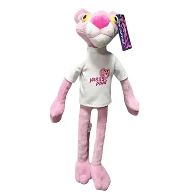 Produktbild von Pink Panther Plüschtier 50 cm – offizielles Kuscheltier der Kult-Zeichentrickfigur mit weißem T-Shirt „YASSS PINK“ & Herzmotiv