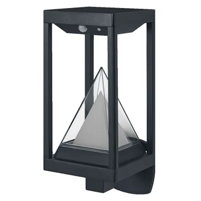 A black outdoor wall light with a pyramid-shaped glass diffuser.