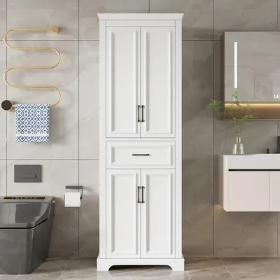 Produktbild von Flieks Badezimmer-Hochschrank mit verstellbare Einlegeböden, Auszugsschubladen, Doppeltüren, Griffe, Standschrank, Holzschrank 60x40x180cm, Weiß