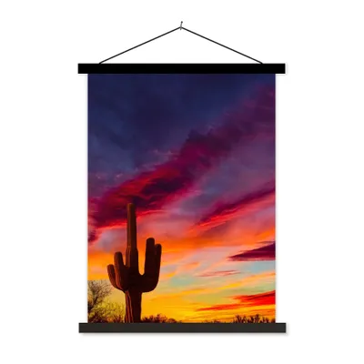 Produktbild von MuchoWow® Textilposter Kaktus - Himmel - Sonnenuntergang - Lila - Rosa 40x53 cm mit schwarzem Rahmen - Abbildung