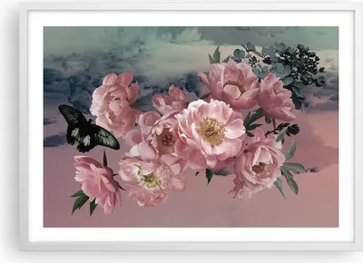Produktbild von Gerahmtes Poster - Weißer Rahmen - Blumen Schmetterling Wolken - 70x50 cm - Wand Bild - Wanddeko - Wandbilder - Kunstposter - Wandposter - Bilderrahmen - Bilder - Kunstdruck - P2WAA70x50-4881