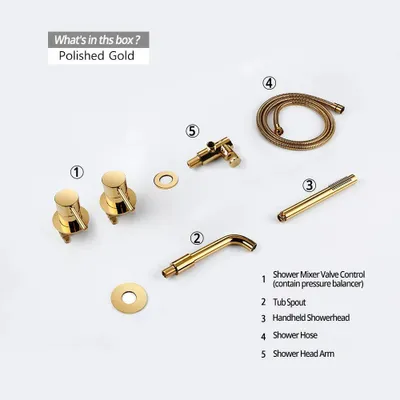 Produktbild von Duschset - Wandmontage Duscharmatur - 2-Wege Umsteller warm/kalt - Rundbrause - Vollmessing - Wannenauslauf 15/21/26 cm - Duscharm 21 cm - Poliertes Gold