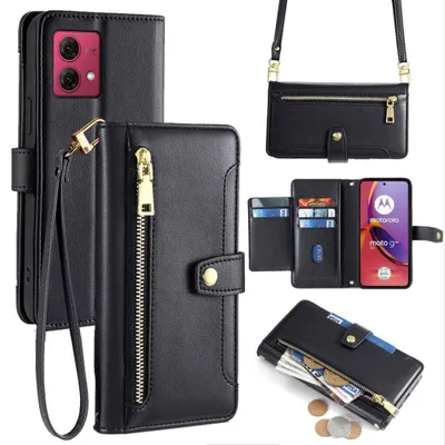 Produktbild von Handykette Motorola Hülle mit Band Handyhülle Kartenfächer Leder Umhängetasche Moto G84 Schwarz