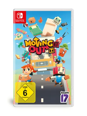 The image shows the Nintendo Switch game case for 'Moving Out'.