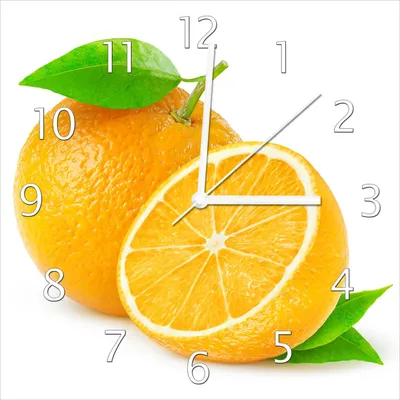 Produktbild von Wallario Design Wanduhr Saftige Orangen vor weißem Hintergrund aus Echtglas, Größe 30 x 30 cm